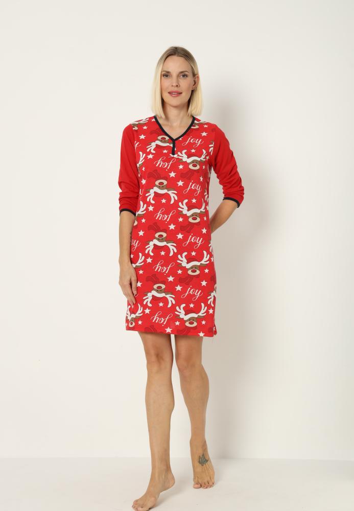 Camasa de noapte Craciun,imprimeu reni,culoare rosu ,En-gros